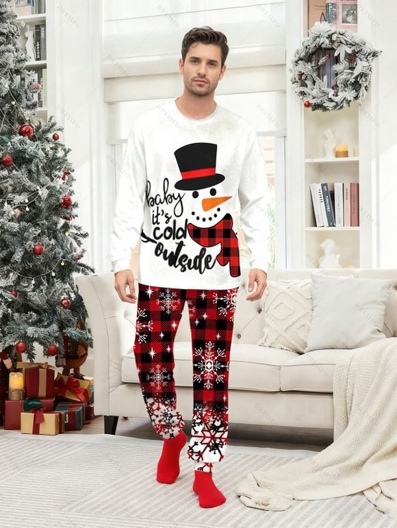 Couple Christmas Sleepwear Outfit Snowman Letter Print Top and Plaid Snowflake Pants Set - WHITE S | US 4
