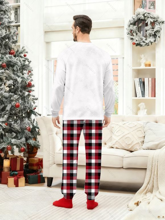Couple Christmas Sleepwear Outfit Elk Snowflake Bell Print Top and Plaid Pants Set - Blanc S | US 4
