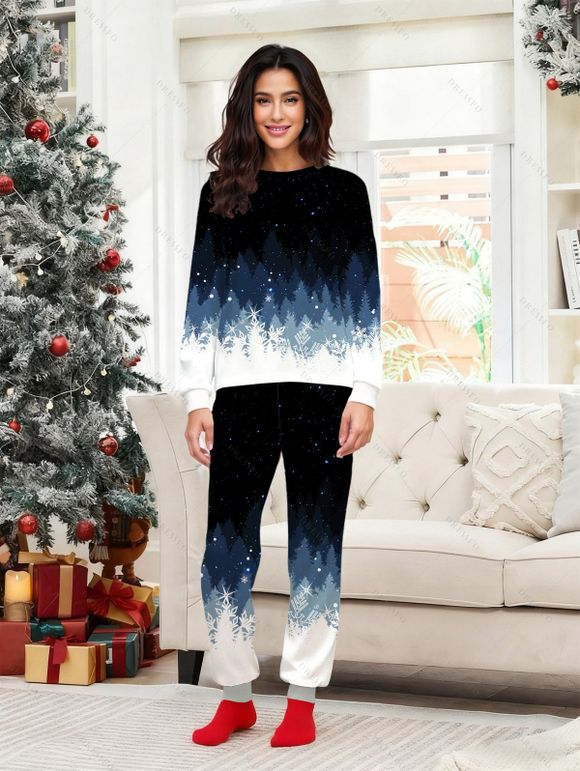 Couple Sleepwear Outfit Christmas Tree Print Colorblock Top and Pants Set - BLACK S | US 4