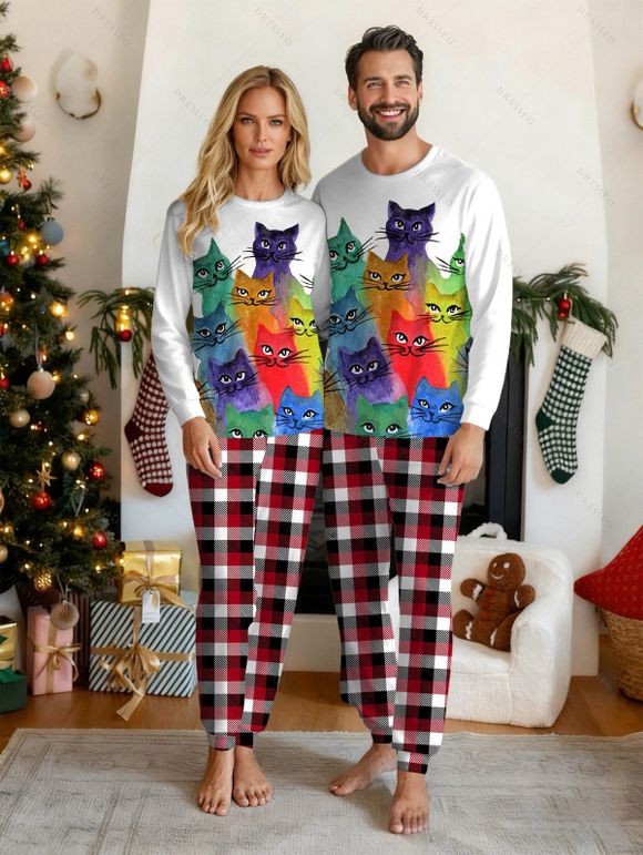 Couple Christmas Sleepwear Outfit Colored Cat Print Top and Plaid Pants Set - Blanc S | US 4