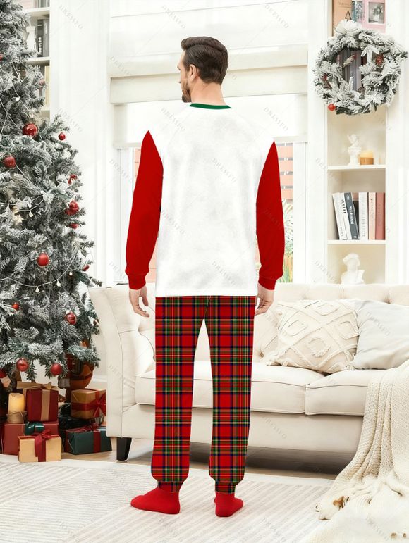 Ensemble de vêtements de nuit de Noël pour homme, haut à imprimé lettre et pantalon à carreaux, motif bonhomme en pain d'épices colorblock - Rouge XL
