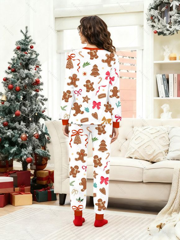 Couple Christmas Sleepwear Outfit Gingerbread Man Bowknot Print Top and Pants Set - RED S | US 4