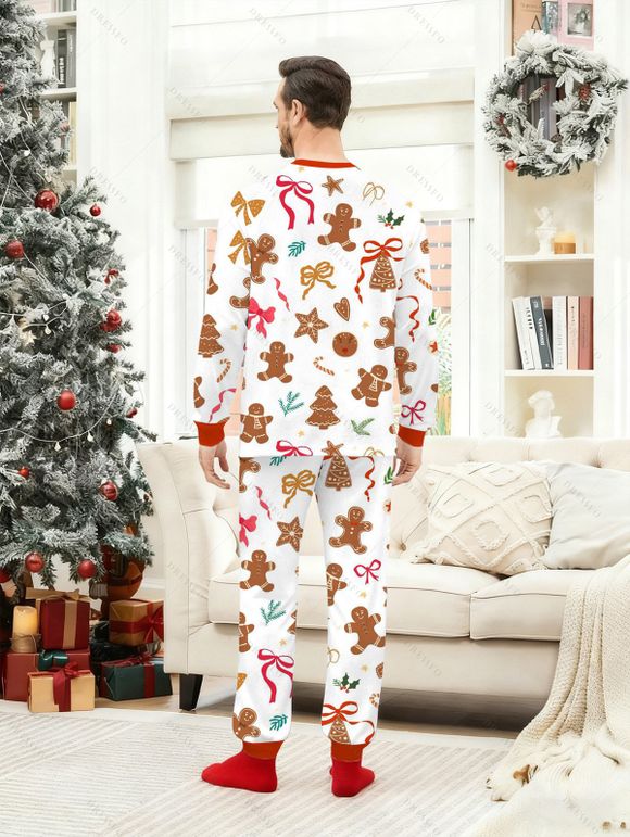 Couple Christmas Sleepwear Outfit Gingerbread Man Bowknot Print Top and Pants Set - RED S | US 4