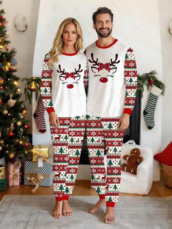 Couple Sleepwear Outfit Elk Christmas Tree Snowflake Print Top and Pants Set - Rouge S | US 4