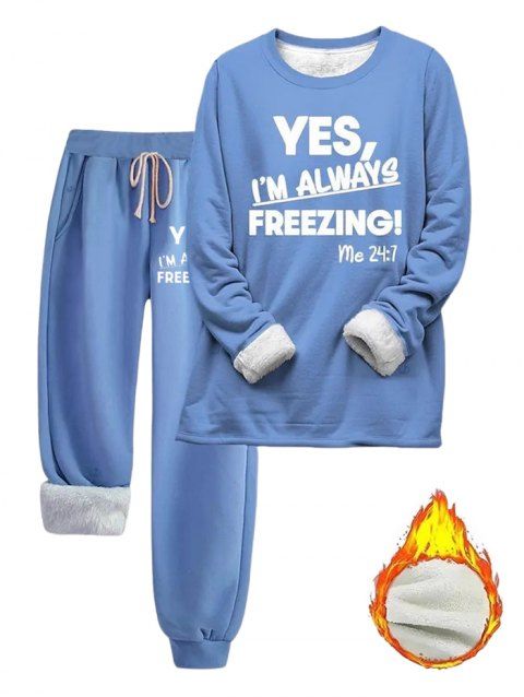 Ensemble de vêtements de nuit à slogan imprimé, haut à capuche doublé en polaire et pantalon à cordon de serrage