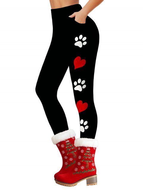 Leggings skinny taille haute élastiques à imprimé patte et cœur
