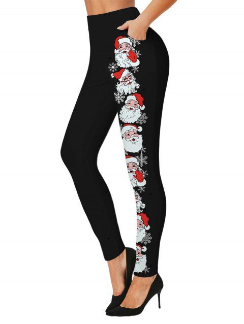 Leggings de Noël imprimé Père Noël et flocon de neige, taille élastique, leggings skinny