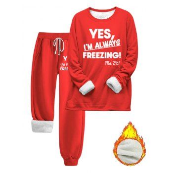 Slogan Print Sleepwear Fleece-lined Pullover Top and Drawstrings Pants Set