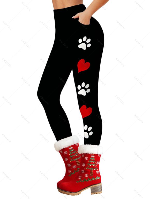 Leggings skinny taille haute élastiques à imprimé patte et cœur - Noir XXL | US 14
