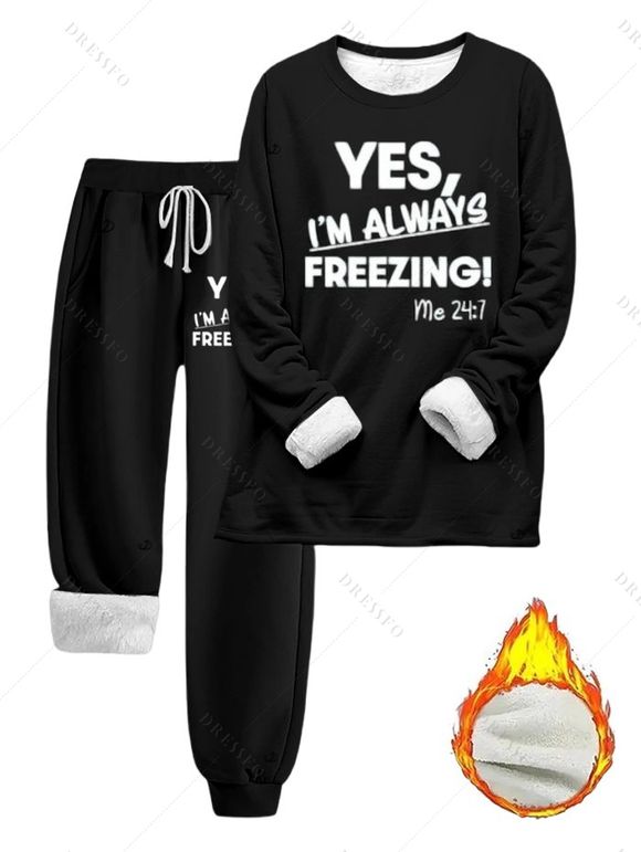 Ensemble de vêtements de nuit à slogan imprimé, haut à capuche doublé en polaire et pantalon à cordon de serrage - Noir XXL | US 12