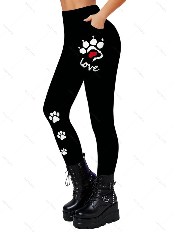 Leggings skinny taille haute élastiques à imprimé lettre Paw Heart - Noir XXL | US 14