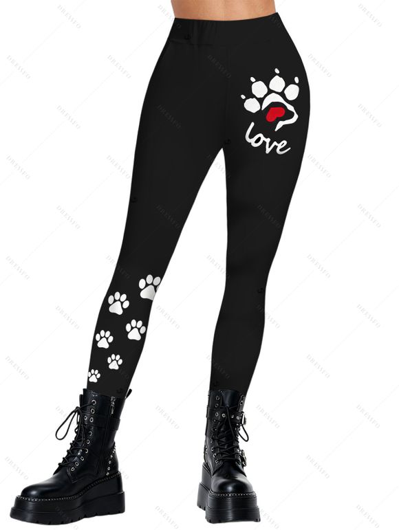 Leggings skinny taille haute élastiques à imprimé lettre Paw Heart - Noir XXL | US 14