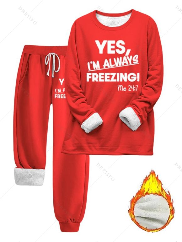 Ensemble de vêtements de nuit à slogan imprimé, haut à capuche doublé en polaire et pantalon à cordon de serrage - Rouge XXL | US 12