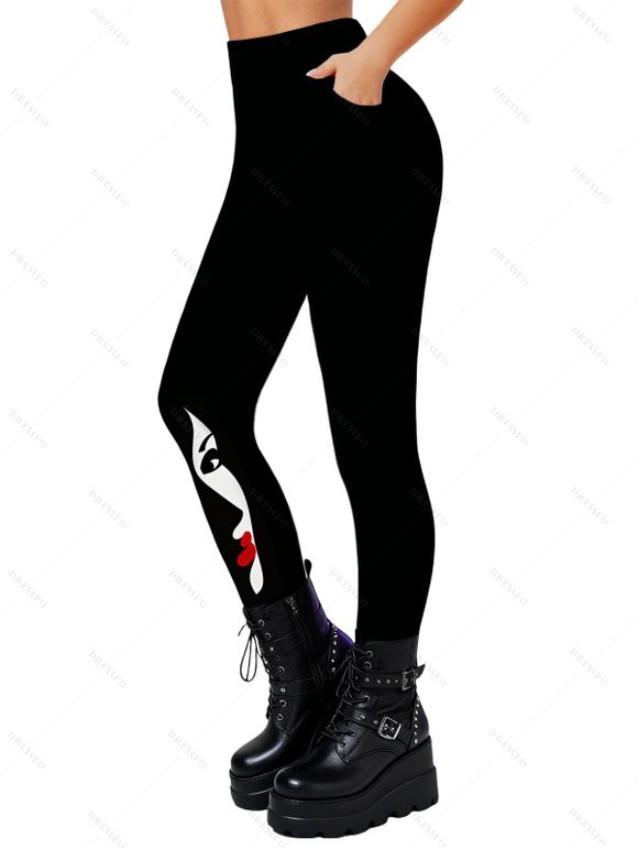 Leggings gothiques pour femmes, imprimé visage, taille haute, élastiques, skinny - Noir XXL | US 14