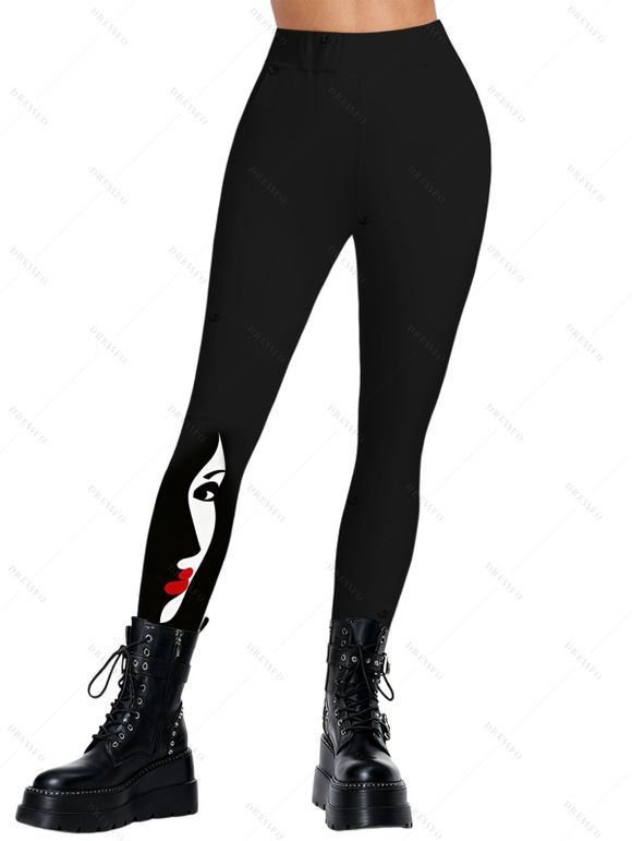 Leggings gothiques pour femmes, imprimé visage, taille haute, élastiques, skinny - Noir XXL | US 14