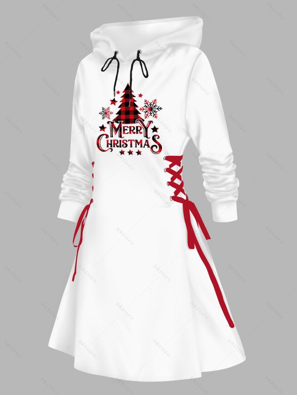 Robe à capuche à carreaux, motif sapin de Noël, flocon de neige, lettres, imprimé, robe à lacets - Blanc XXL | US 14