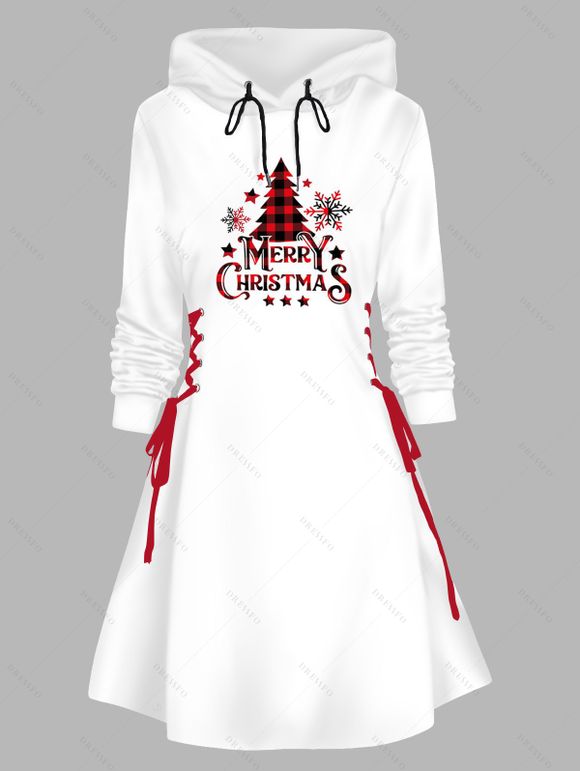 Robe à capuche à carreaux, motif sapin de Noël, flocon de neige, lettres, imprimé, robe à lacets - Blanc XXL | US 14