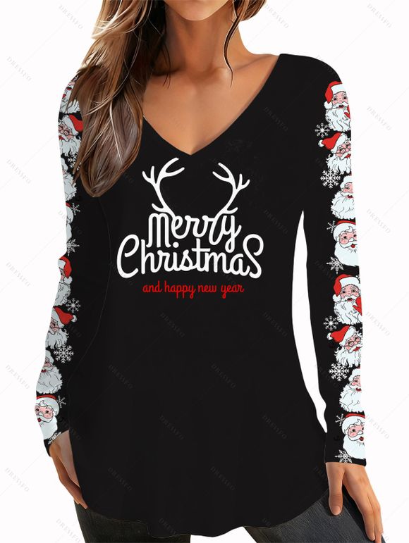 Haut de Noël à col en V avec imprimé Père Noël et corne d'élan - Noir XXXXXL | US 20