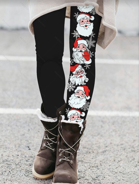 Leggings de Noël imprimé Père Noël et flocon de neige, taille élastique, leggings skinny - Noir XXL | US 14