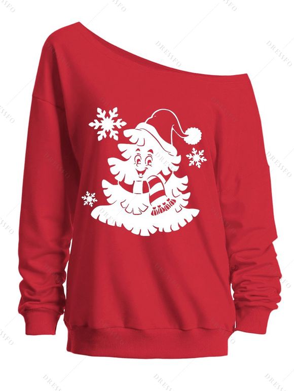 Sweat-shirt de vacances Bonhomme de neige avec chapeau de Noël Imprimé flocon de neige Sweat-shirt à col incliné - Rouge XXL | US 14