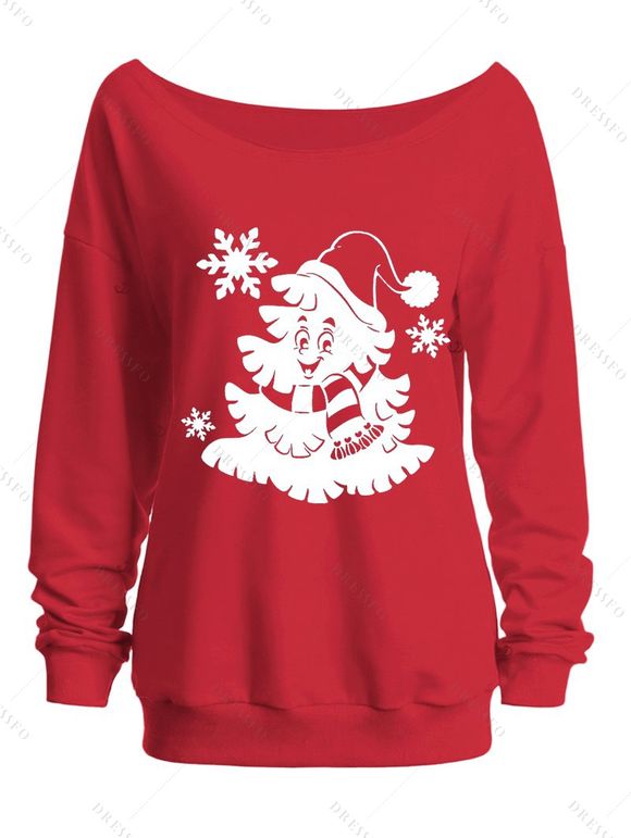 Sweat-shirt de vacances Bonhomme de neige avec chapeau de Noël Imprimé flocon de neige Sweat-shirt à col incliné - Rouge XXL | US 14