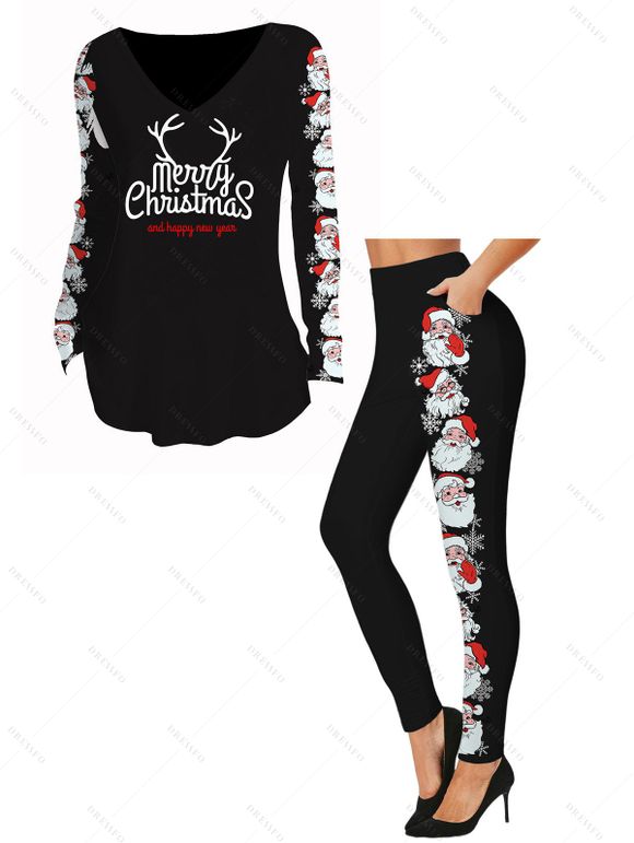 Christmas Women Outfit Santa Claus Elk Horn Letter Print Top and Leggings Set - Noir S | US 4