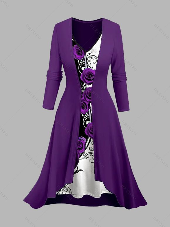 Ensemble robe à imprimé papillon rose de couleur contrastée et haut long ouvert sur le devant - Concorde XXL | US 14