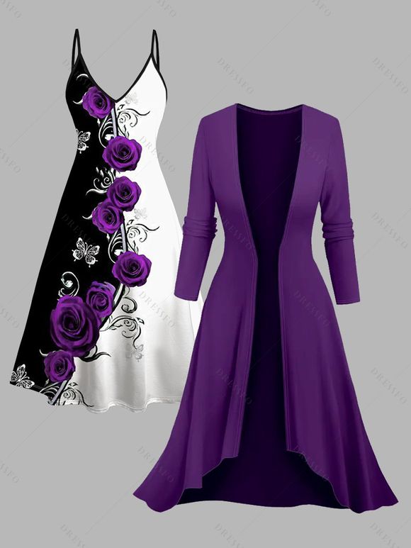 Ensemble robe à imprimé papillon rose de couleur contrastée et haut long ouvert sur le devant - Concorde XXL | US 14