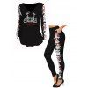 Christmas Women Outfit Santa Claus Elk Horn Letter Print Top and Leggings Set - Noir S | US 4