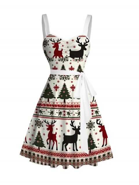 Robe de Noël à imprimé zigzag avec motif élan, sapin et flocons de neige, ceinture