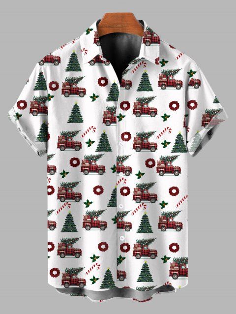 Chemise de vacances pour homme, chemise boutonnée à imprimé sapin de Noël et voiture à carreaux