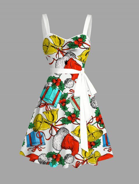 Robe de fête avec chapeau de Noël, clochette et imprimé ceinture froncée