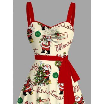 Holiday Dress Christmas Tree Santa Claus Print Ruched Belt Dress