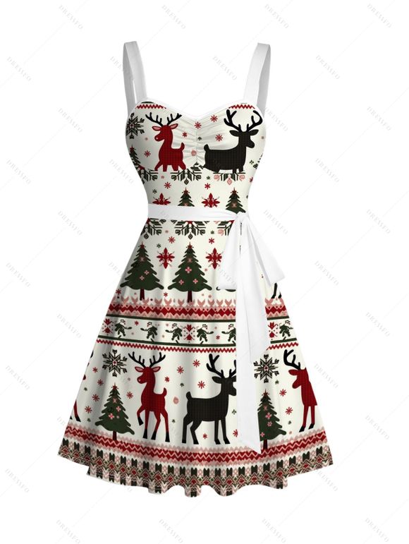Robe de Noël à imprimé zigzag avec motif élan, sapin et flocons de neige, ceinture - Blanc XXXXXL | US 20