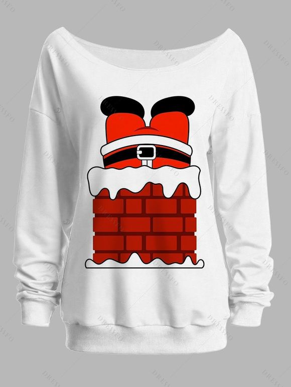 Sweat-shirt de Noël à col asymétrique avec imprimé Père Noël - Blanc XXL | US 14