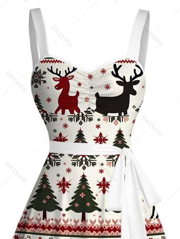 Robe de Noël à imprimé zigzag avec motif élan, sapin et flocons de neige, ceinture - Blanc XXXXXL | US 20