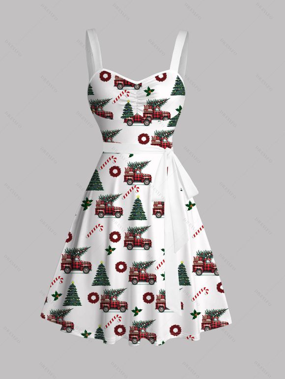Robe de vacances à carreaux avec sapin de Noël et couronne de voiture, imprimé, robe à ceinture froncée - Blanc S | US 4