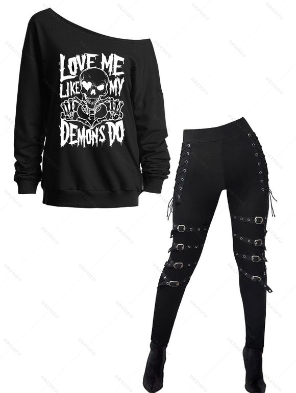 Gothic Women Outfit Skull Letter Print Skew Neck Sweatshirt and Leggings Set - Noir S | US 4
