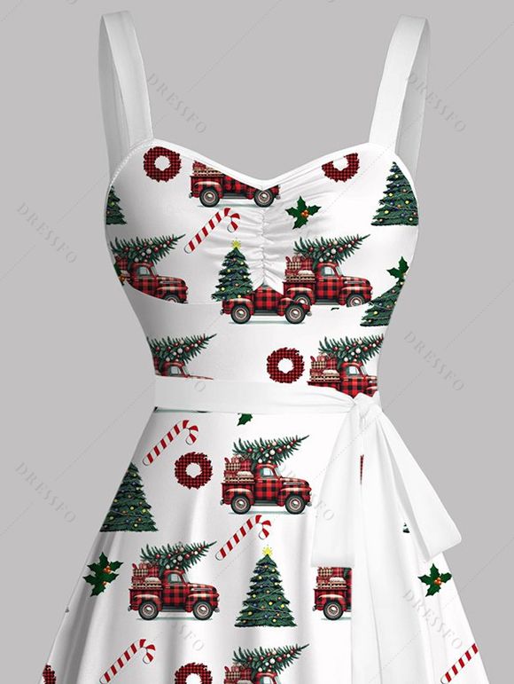 Robe de vacances à carreaux avec sapin de Noël et couronne de voiture, imprimé, robe à ceinture froncée - Blanc S | US 4