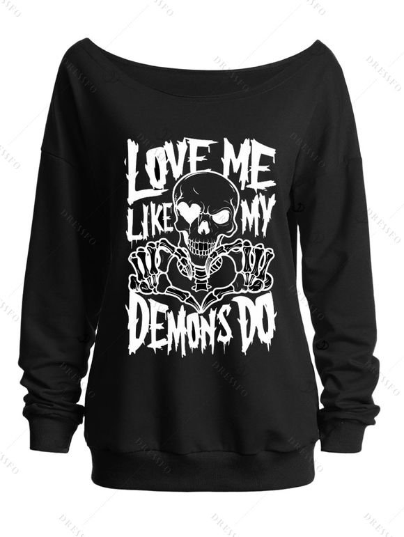 Gothic Women Outfit Skull Letter Print Skew Neck Sweatshirt and Leggings Set - Noir S | US 4