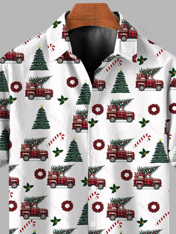 Chemise de vacances pour homme, chemise boutonnée à imprimé sapin de Noël et voiture à carreaux - Blanc M