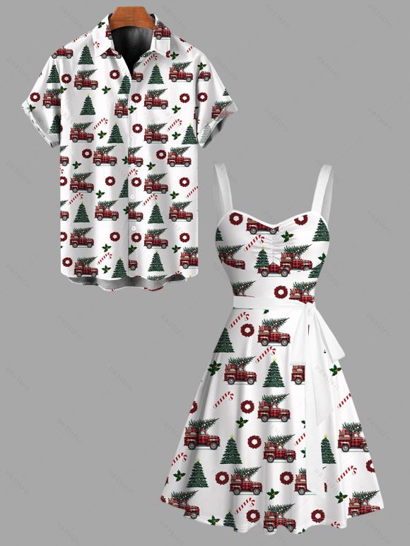 Holiday Couple Outfit Christmas Tree Plaid Car Print Belt Dress and Shirt Set - Blanc S | US 4