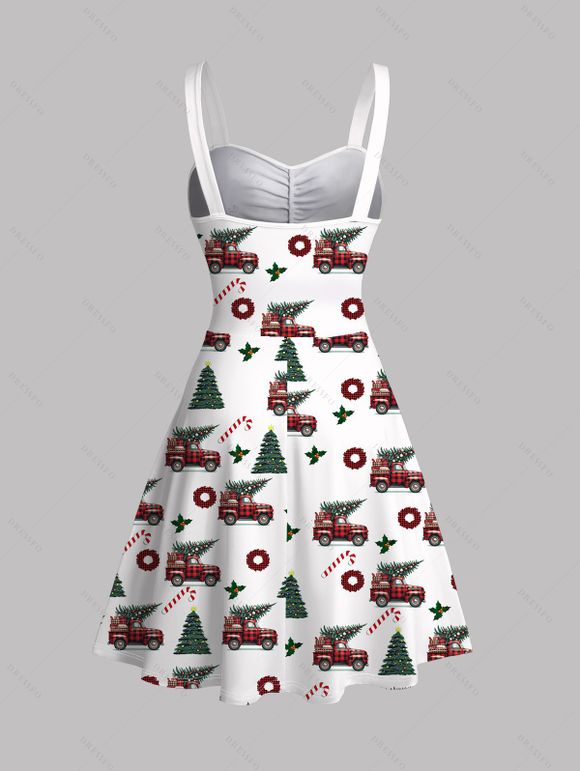 Holiday Couple Outfit Christmas Tree Plaid Car Print Belt Dress and Shirt Set - Blanc S | US 4