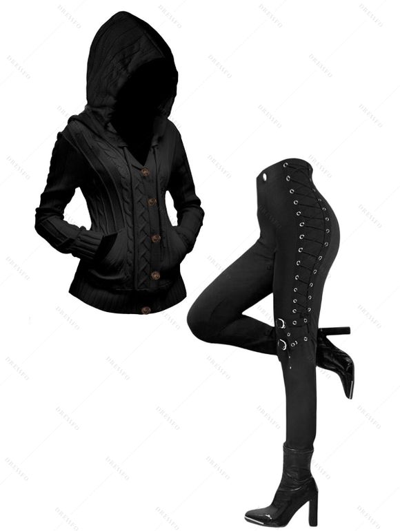 Women Outfit Button Up Cable Knit Hooded Cardigan and Grommet Leggings Set - Noir S | US 4