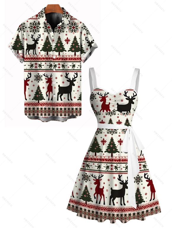 Holiday Couple Outfit Elk Christmas Tree Snowflake Print Belt Dress and Shirt Set - Blanc S | US 4