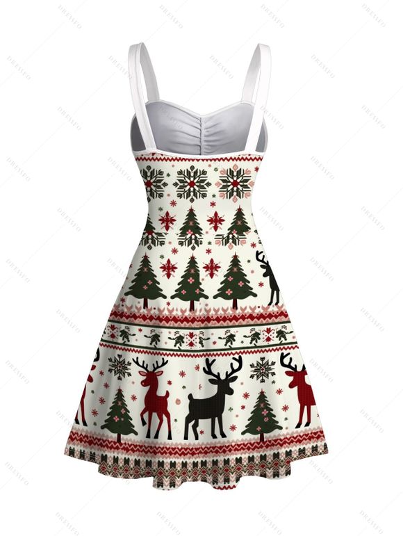 Holiday Couple Outfit Elk Christmas Tree Snowflake Print Belt Dress and Shirt Set - Blanc S | US 4
