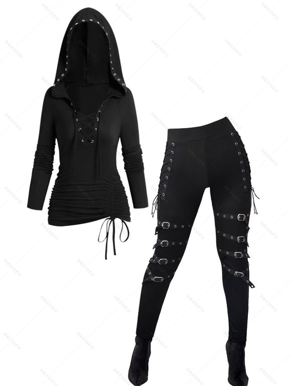 Women Outfit Lace Up Grommet Cinched Hoodie Top and Leggings Set - Noir S | US 4