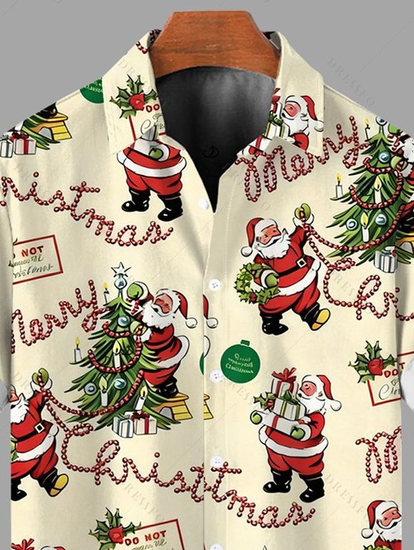 Chemise vintage pour homme, imprimé sapin de Noël et Père Noël, à boutons - Jaune clair 5XL