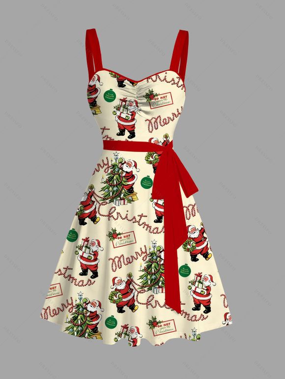 Robe de fête imprimée sapin de Noël et Père Noël avec ceinture froncée - Jaune clair XXXXXL | US 20