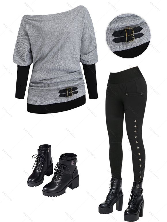 Women Outfit Colorblock Buckle Top Snap Button Leggings and Boots Set - Gris Clair S | US 4